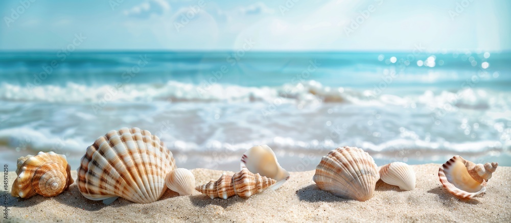 Sea shells on sandy beach: Stunning ocean view for travel agency promotion or postcard landscape Sea shells on sandy beach: Stunning ocean view for travel agency promotion or postcard landscape