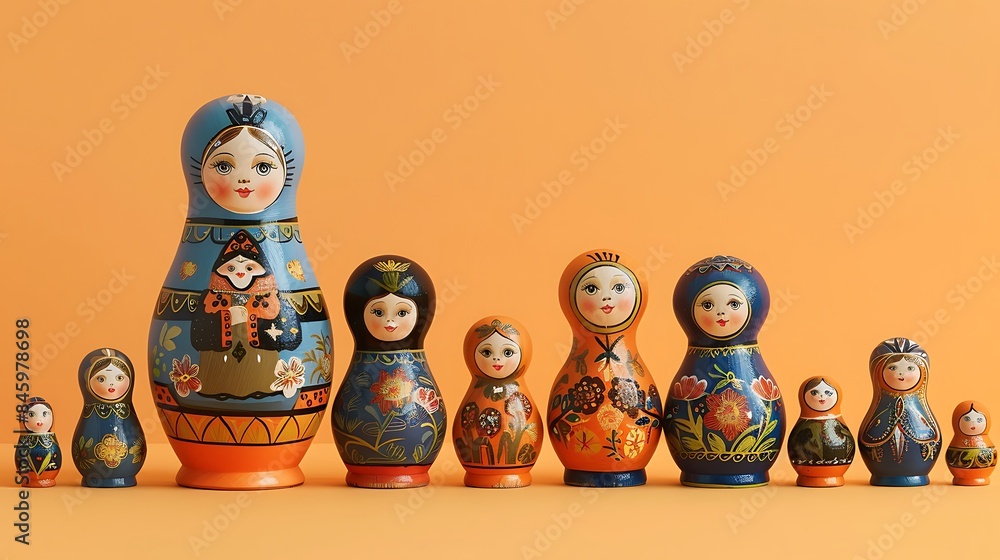 Complete set of matryoshka family stacking dolls orange background