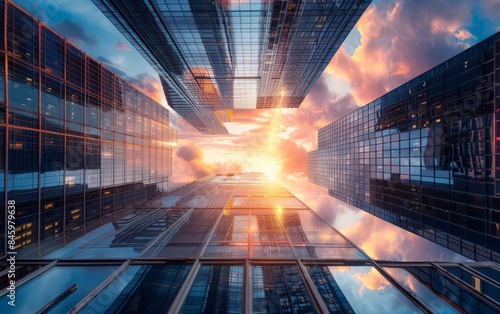 Skyscrapers form an urban canyon around a glowing sunset, modern commercial building at night. Building, night atmosphere.