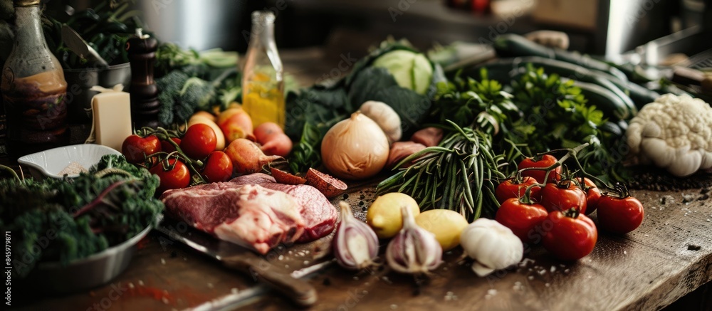 A close-up view of vegetables, fruits, and meat on a wooden table, showcasing the essence of a well-rounded diet and culinary concept. A close-up view of vegetables, fruits, and meat on a wooden table, showcasing the essence of a well-rounded diet and culinary concept.