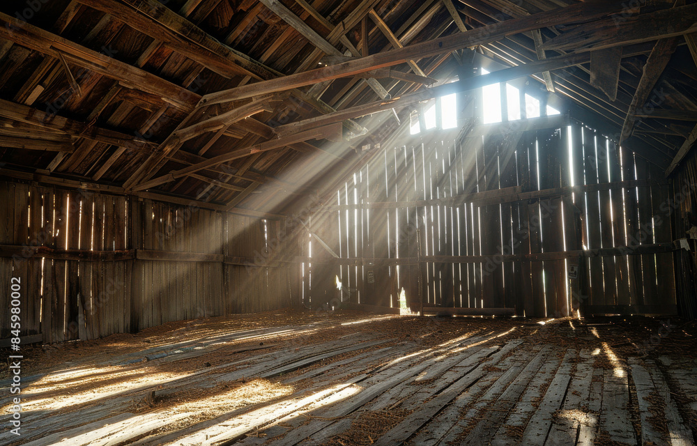 A large, empty barn with sunlight streaming in through the rafters A large, empty barn with sunlight streaming in through the rafters