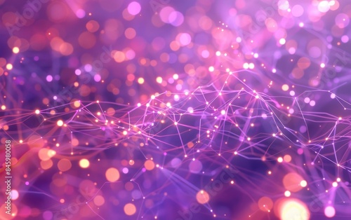 Three-dimensional, digital network of purple and pink interconnected lines and dots. Perfect digital technology background.