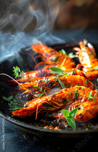 A plate of shrimp is covered in herbs and spices