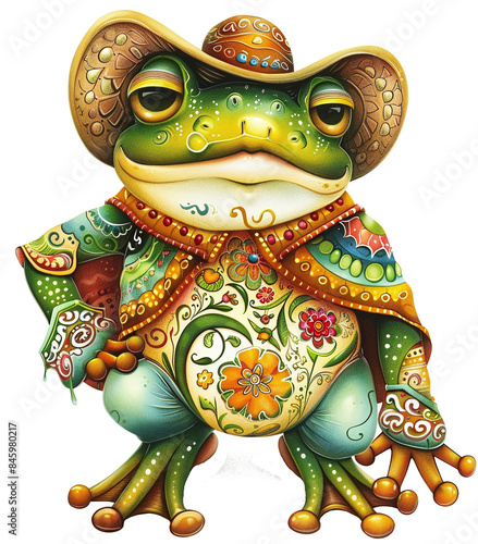 funny frog with clothes and hut in mexican style isolated against transparent background photo