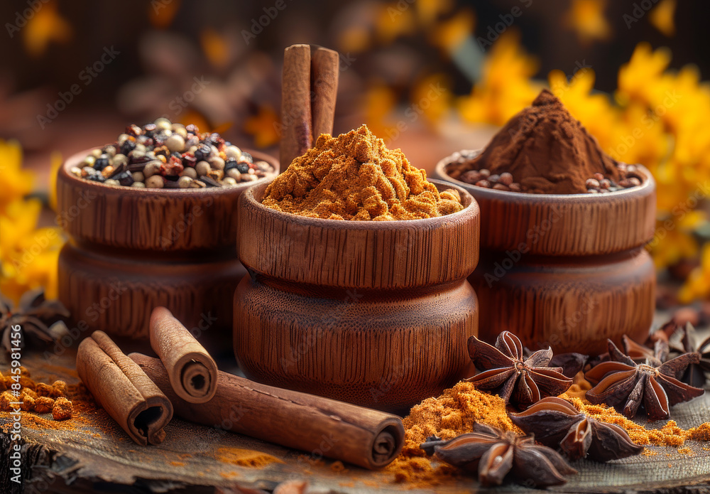 Three wooden bowls filled with spices, including cinnamon, cumin, and star anise Three wooden bowls filled with spices, including cinnamon, cumin, and star anise