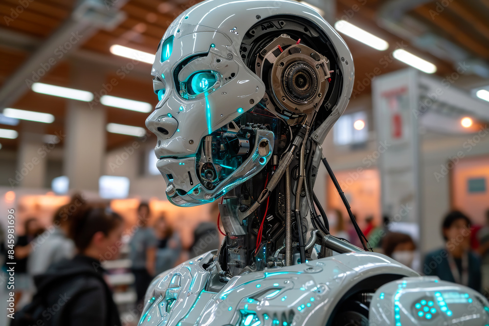 Fototapeta premium A robot with a green face stands in front of a crowd of people