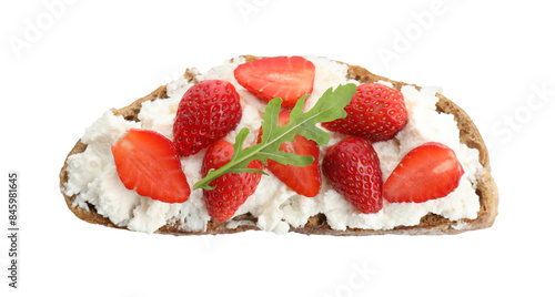 Delicious ricotta bruschetta with strawberry and arugula isolated on white  top view