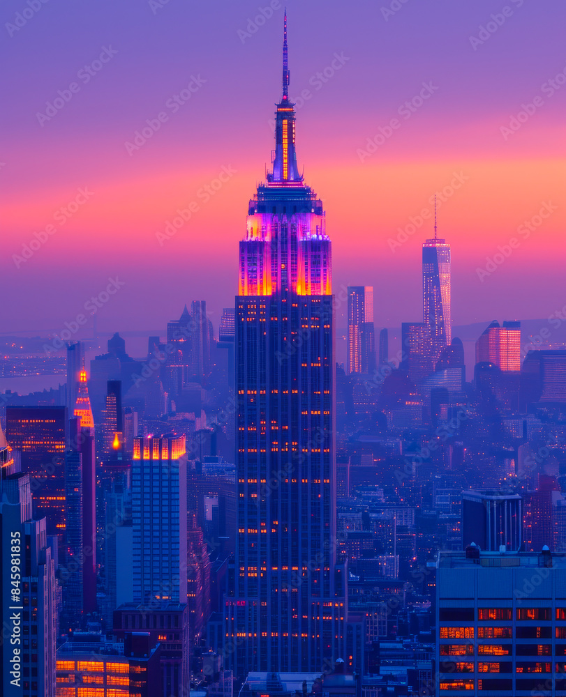 Obraz premium The Empire State Building is lit up at night, creating a beautiful