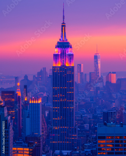 The Empire State Building is lit up at night, creating a beautiful