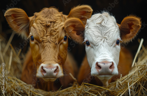 Two cows are standing next to each other in a hay-filled pen