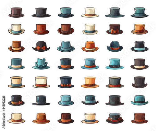 Cartoon Gentleman Hat, Vintage and Trendy Icon Set. White Background. Very Simple Cartoon Style Classic Retro Fashion Accessories Bowler Fedora Top Hat Bow Tie Illustration