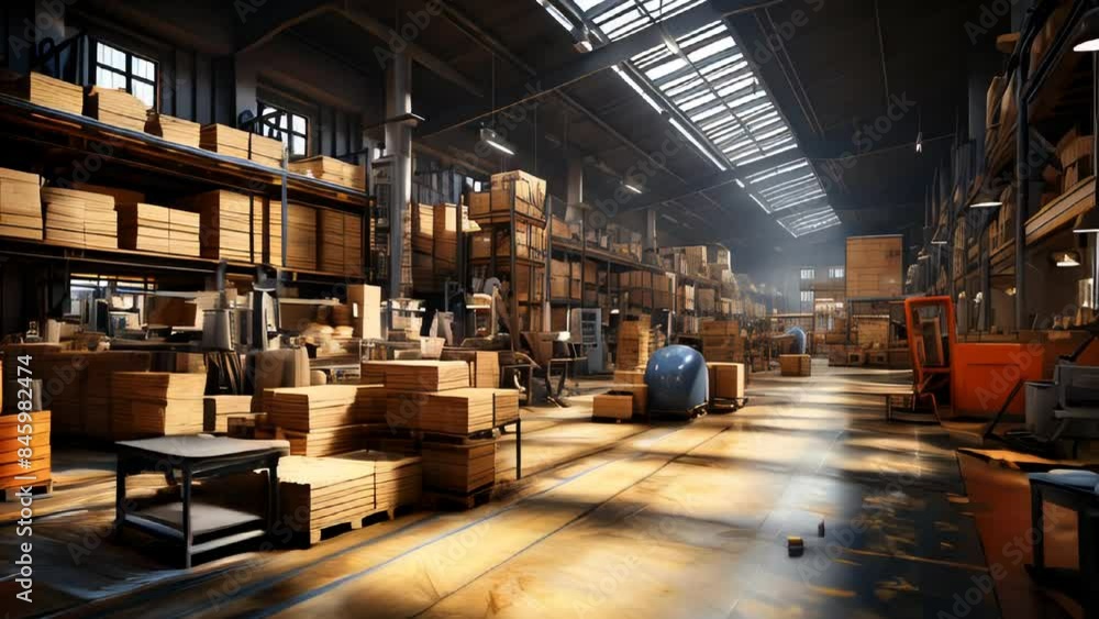 A well-organized warehouse interior with stocked shelves and a clear central aisle A well-organized warehouse interior with stocked shelves and a clear central aisle