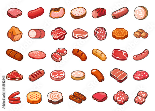Cartoon Meat and Sausage Icon Set. White Background. Very Simple Cartoon Style Pork Beef Chicken Lamb Salami Frankfurter Butcher Deli Food Fresh Meaty Products Illustration