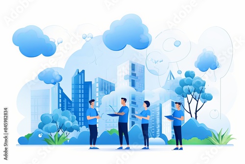 flat vector style illustration, a diverse group of people talking and collaborating