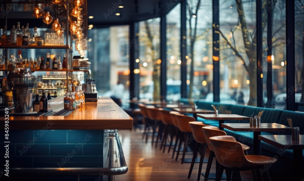 Modern Bar Interior with Wooden Furniture and Blue Tiles Modern Bar Interior with Wooden Furniture and Blue Tiles