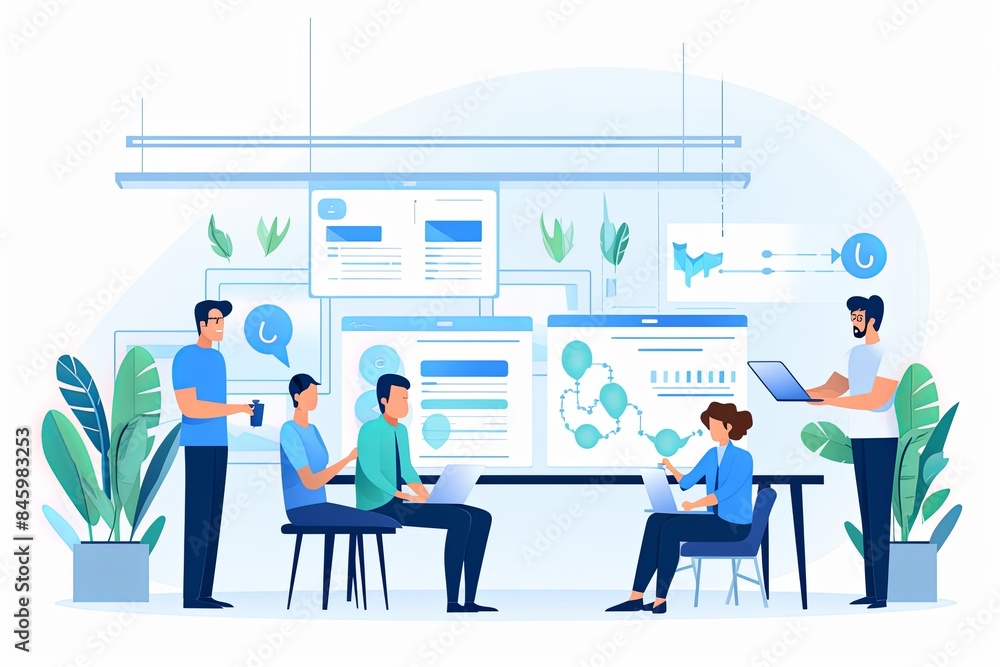 flat vector style illustration, a diverse group of people talking and collaborating flat vector style illustration, a diverse group of people talking and collaborating