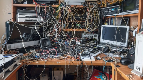 A cluttered computer desk with a tangled mess of wires and cords. There are multiple electronic devices and components, creating a chaotic scene.