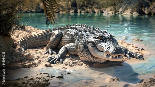 Crocodile set on sand and near the water