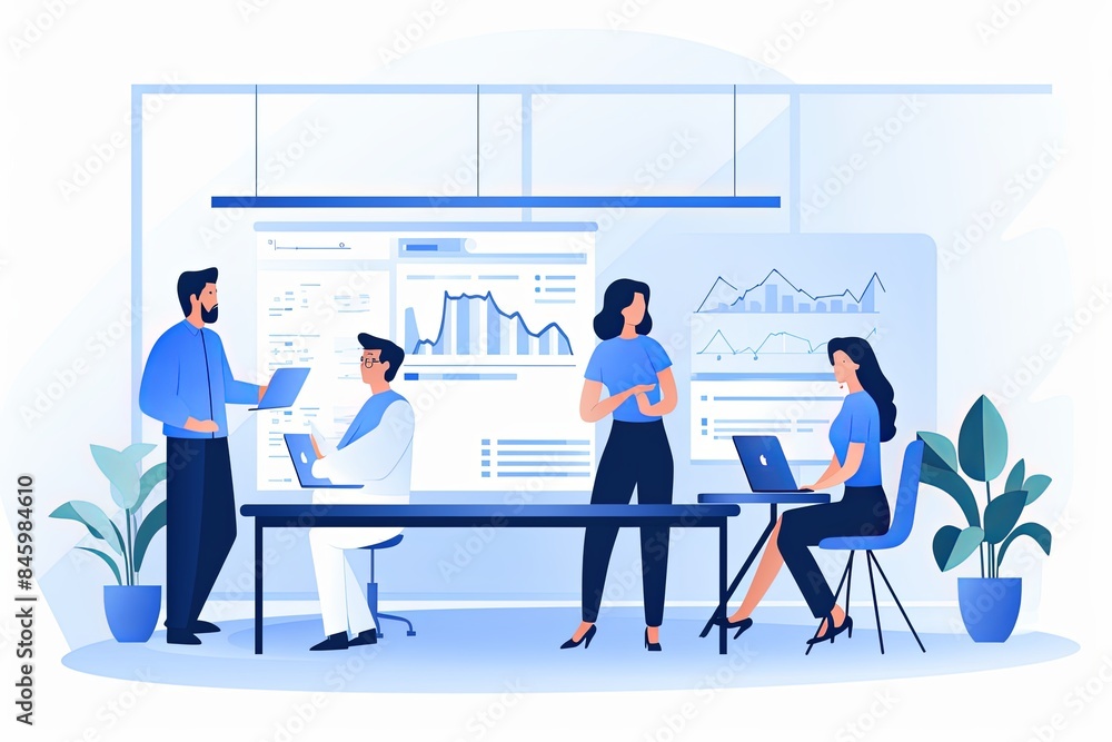 flat vector style illustration, a diverse group of people talking and collaborating flat vector style illustration, a diverse group of people talking and collaborating