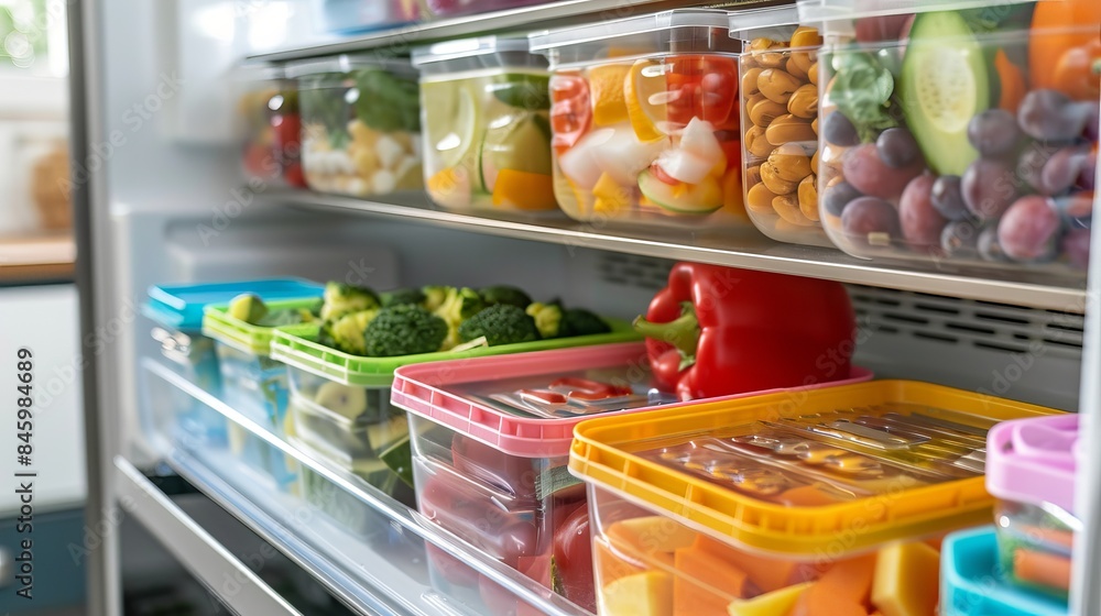 Refrigerator filled with lunch boxes prepared for healthy meals Refrigerator filled with lunch boxes prepared for healthy meals