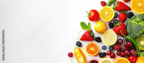 Assortment of fruits and vegetables on a white background for your project with space for text