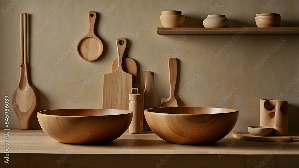 A collection of wooden kitchen utensils and bowls neatly arranged on a shelf against a beige wall A collection of wooden kitchen utensils and bowls neatly arranged on a shelf against a beige wall