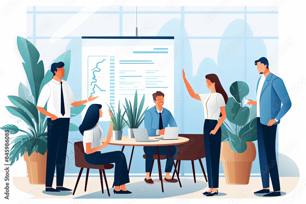 flat vector style illustration, a diverse group of people talking and collaborating flat vector style illustration, a diverse group of people talking and collaborating