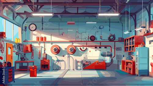 Cartoon Car Repair Shop. On the Walls Stands with Equipment for Car Repair. Red Tool Boxes and Welding Equipment on the Floor. Game Style Illustration Automotive Workshop Mechanic