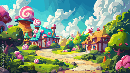 Cartoon Horizontal Background A Magical Village of Sweets with Marshmallow Trees and Candy Bushes. Game Style Illustration Fantasy Candyland Sweet Treats Enchanted Village Clipart