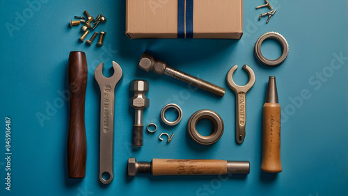 An assortment of tools and hardware are organized on a vibrant blue background, highlighting DIY concepts