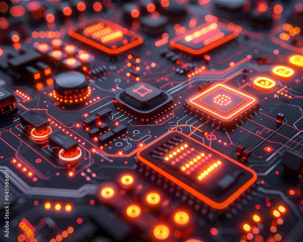 Cybernetic circuit with glowing elements, futuristic, hightech, digital rendering Cybernetic circuit with glowing elements, futuristic, hightech, digital rendering