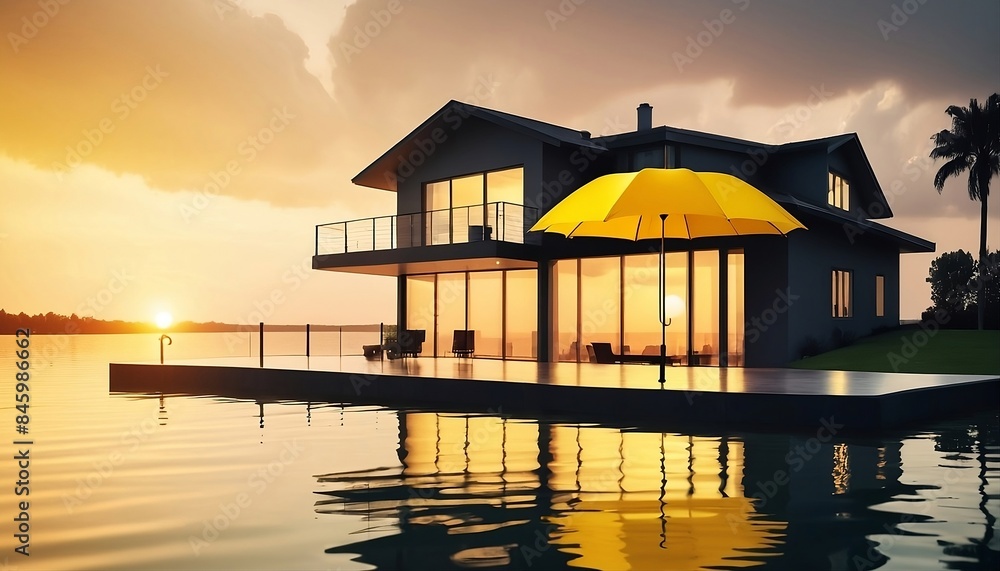 yellow umbrella and modern house on water, with a sunset background. Concept of protection and insurance generative ai