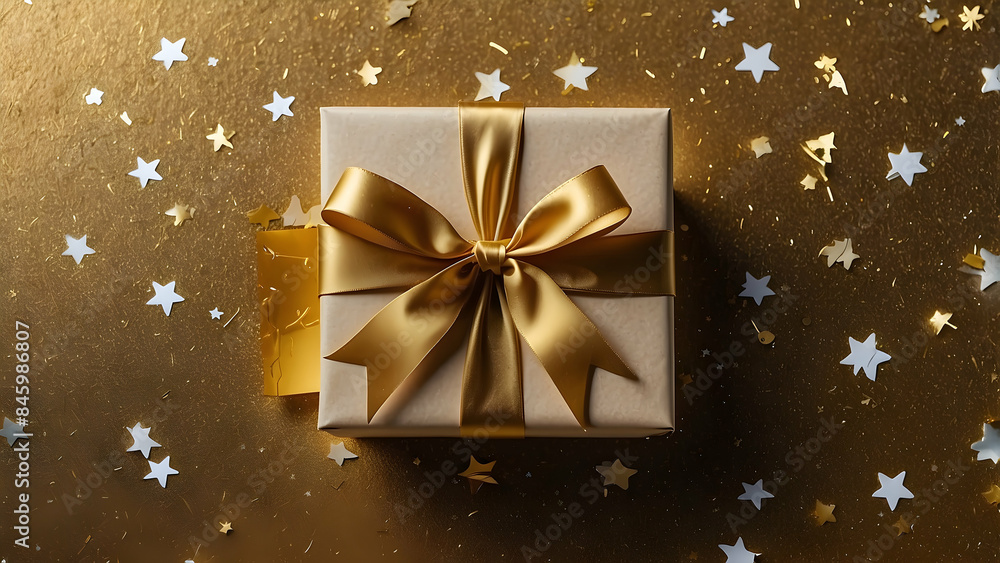 A gift box with a golden ribbon and bow surrounded by star-shaped confetti on a golden background A gift box with a golden ribbon and bow surrounded by star-shaped confetti on a golden background