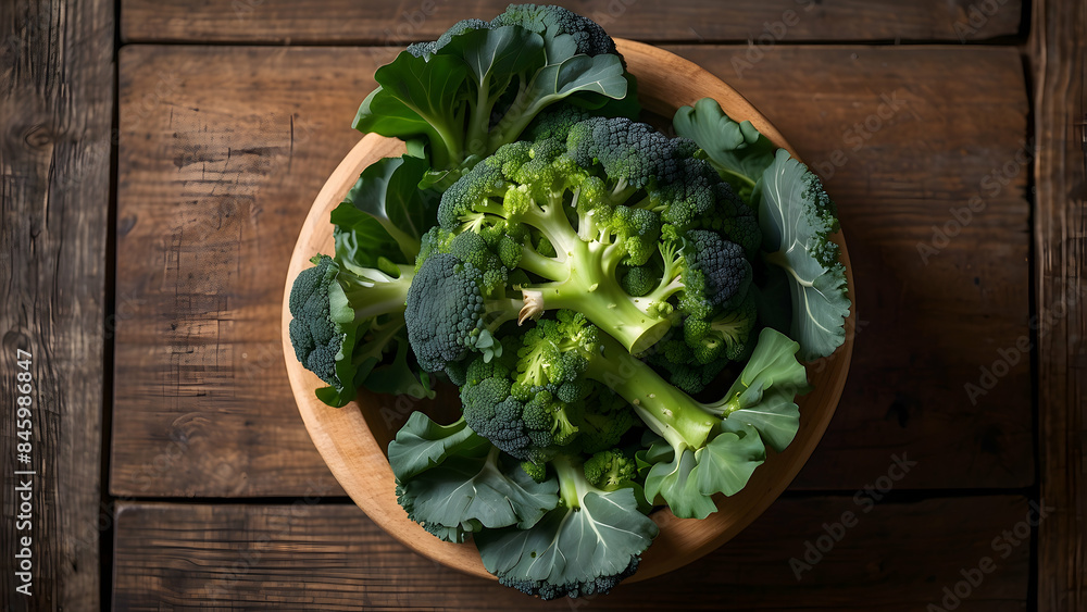Overhead shot of a wooden bowl filled with fresh, green broccoli placed on a wooden table Overhead shot of a wooden bowl filled with fresh, green broccoli placed on a wooden table