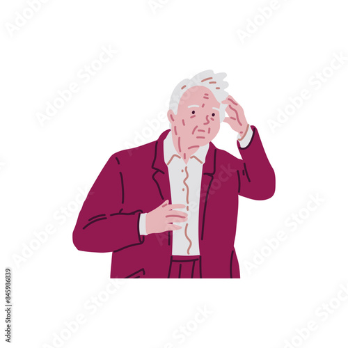 Elderly man anxiously holds his head with his hands. Alzheimer's disease.