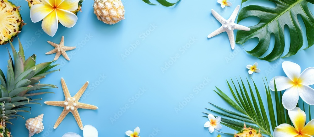 Engaging and Natural Summer Beach Design Concept with Starfish, Pineapple, Plumeria Flower, and Monstera Leaves on Blue Background Engaging and Natural Summer Beach Design Concept with Starfish, Pineapple, Plumeria Flower, and Monstera Leaves on Blue Background