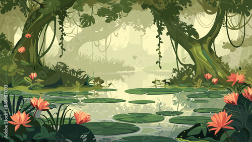 Cartoon Horizontal Background Swamp with Vines and Lilies on the Water. Illustration of Nature Game Style Marshy Landscape Wetlands Scene Natural Habitat Clipart