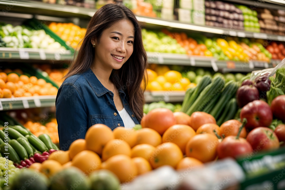 Smiling asian woman in the Produce Section of the supermaket shopping for fresh fruits and vegetables Smiling asian woman in the Produce Section of the supermaket shopping for fresh fruits and vegetables