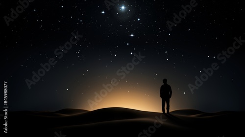 Lonely figure under starry night sky, delving into solitude amidst the vast universe photo