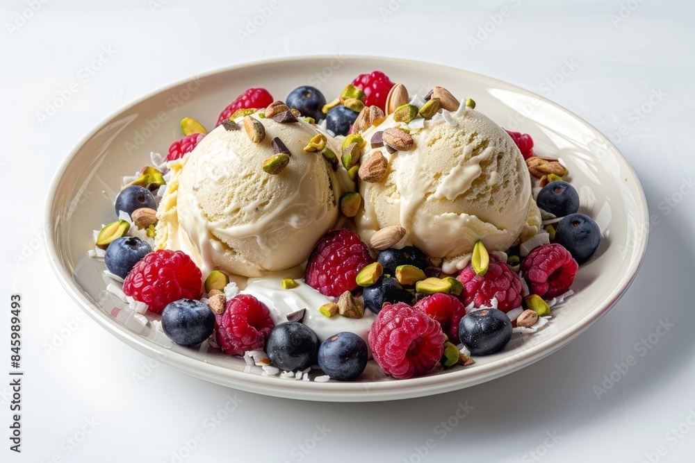 Enticing Banana Ice Cream Sundae with Mini Chocolate Chips and Raspberries Enticing Banana Ice Cream Sundae with Mini Chocolate Chips and Raspberries
