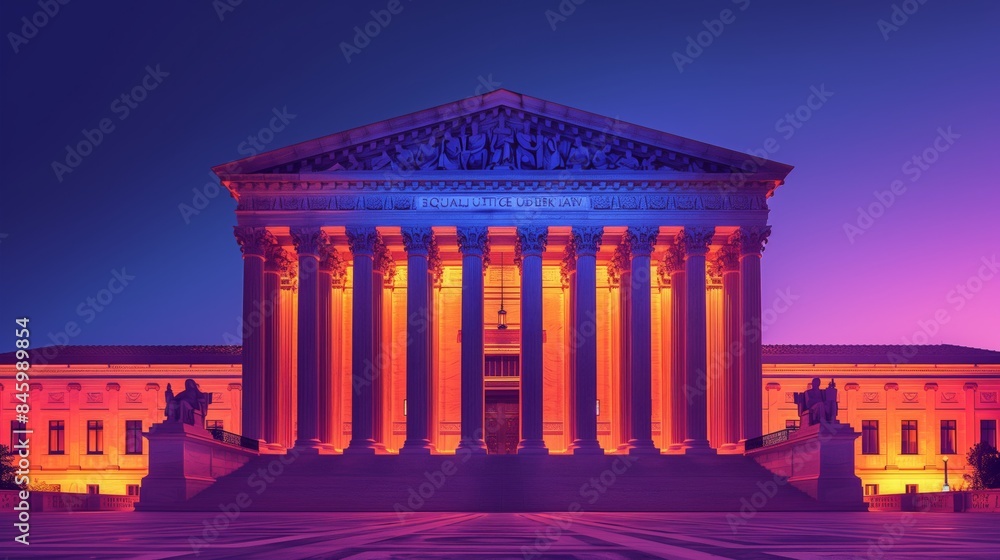 Obraz premium A vivid image of the Supreme Court building in Washington, D.C. at dusk, illuminated with bright orange and purple light