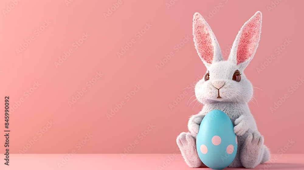 Fototapeta premium Decorative bunny and blue easter egg on pink background