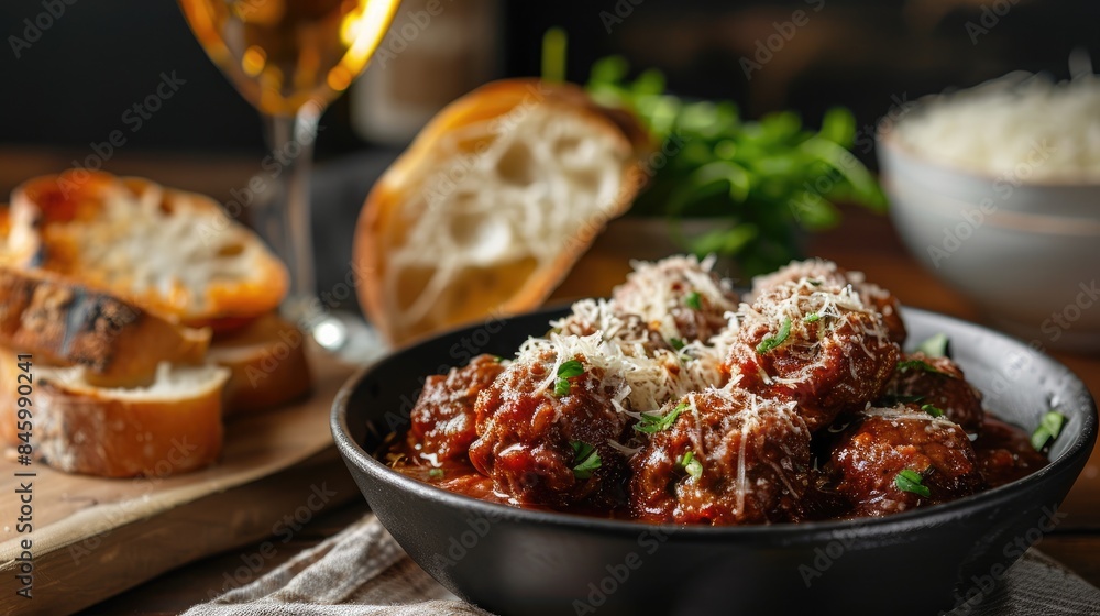 Traditional Italian meatballs made at home served with Parmesan cheese and bread Traditional Italian meatballs made at home served with Parmesan cheese and bread