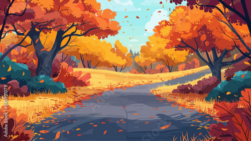 Cartoon Style Path through Autumn Park Studded with Orange Maple Leaves. Game Style Illustration Fall Foliage Seasonal Landscape Scenic Trail Clipart