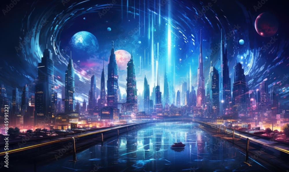 Futuristic Cityscape with Bright Lights and Celestial Bodies Futuristic Cityscape with Bright Lights and Celestial Bodies