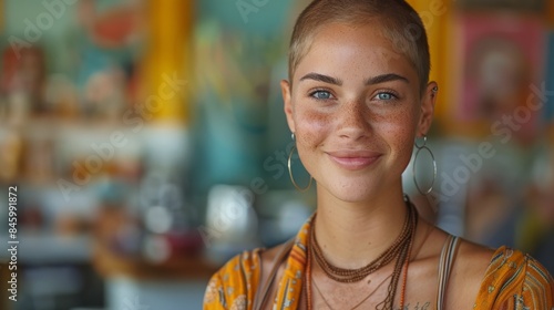 Casual woman with minimalist style smiling in a vibrant cafe with hoop earrings