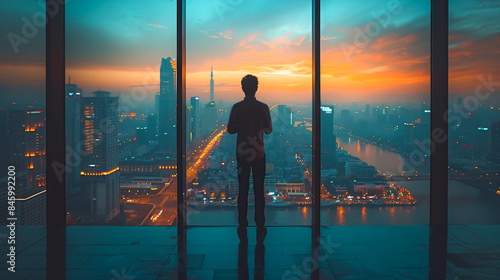 A man in a suit is looking out of a window at a city. He is holding a clipboard and he is focused on something. Concept of ambition and determination