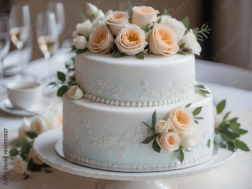 A wedding cake adorned with flowers, placed on a table A wedding cake adorned with flowers, placed on a table