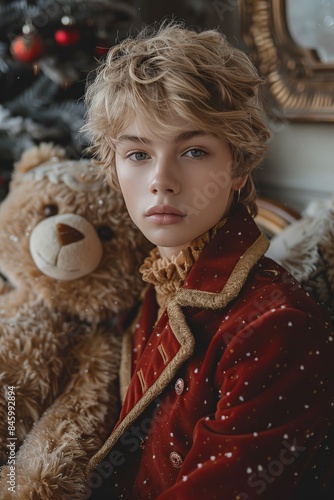 a 18 year old handsome white man posing in a santa claus suit next to a teddy bear, in the style of snapshot aesthetic, chinapunk, oshare kei, ballet academia, 32k uhd, dau al set, cut/ripped  photo