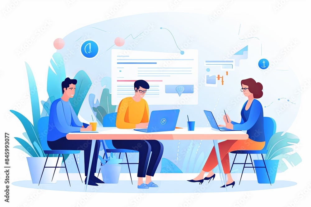 flat vector style illustration, a diverse group of people talking and collaborating flat vector style illustration, a diverse group of people talking and collaborating